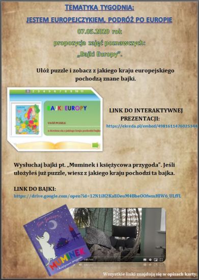 LINK DO PUZZLI: <a>https://ekreda.pl/embed/4981611476025344</a>   LINK DO BAJKI: <a>https://drive.google.com/file/d/12N1iH2KaEOeuM4BbeOOfwmHIW6_ULfFL/view?fbclid=IwAR1Hxj-83uLqgdjnVN4rPKrxjVpNT-gHZmyjHljMcbaoCbwPuSBf8M4ROmw</a>